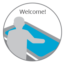 Illustration of person in front of swim spa saying welcome